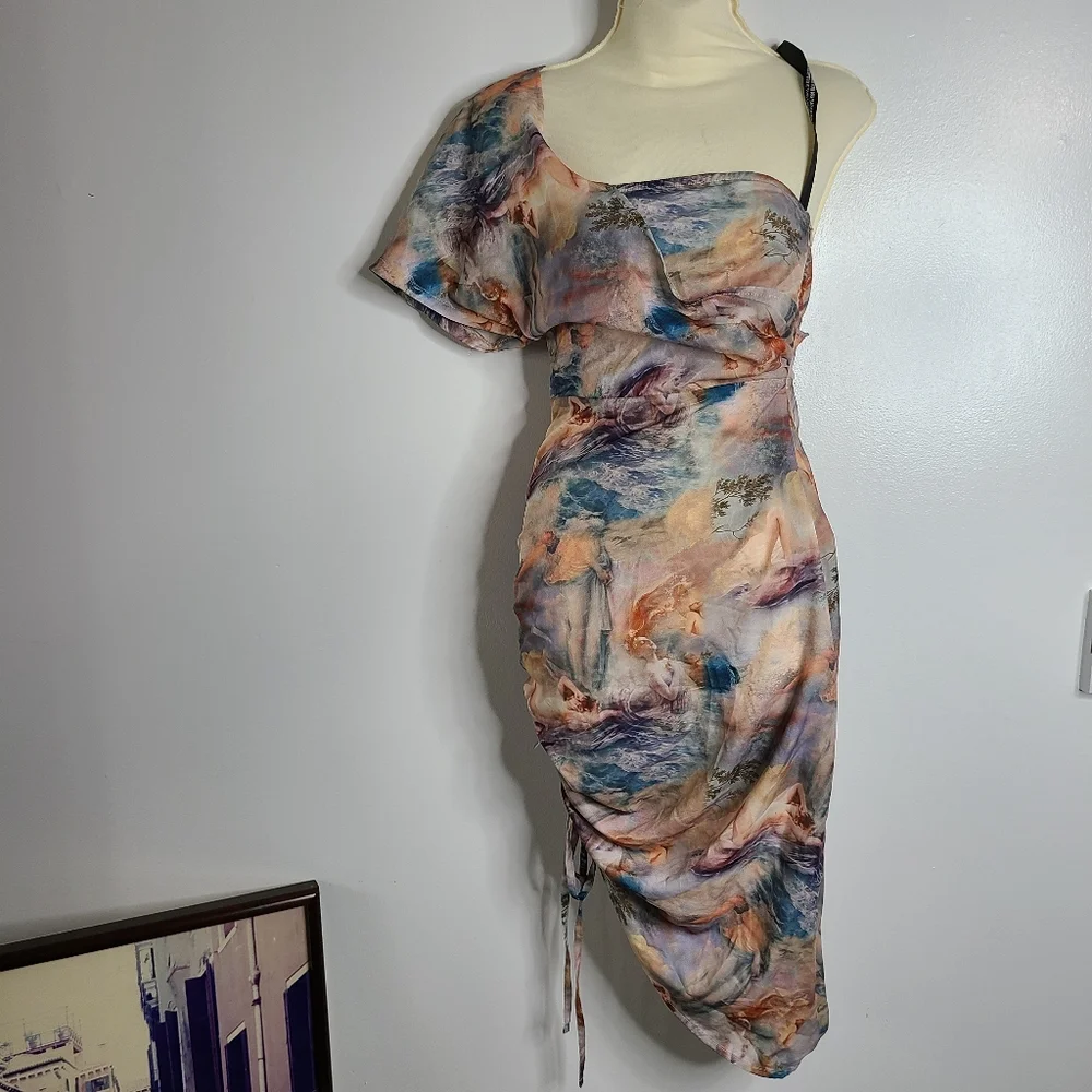 Multi Renaissance Print One Shoulders Ruched Dress - Picture 3 of 15